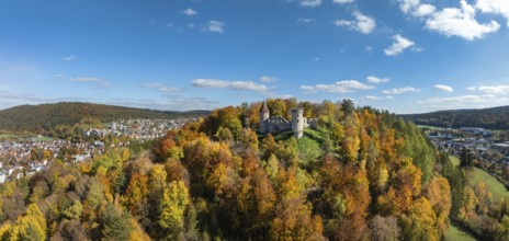 Aerial view, panorama of the ruins of Honburg Castle on the Honberg above the town of Tuttlingen,