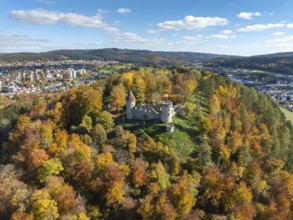 Aerial view of the ruins of Honburg Castle on the Honberg above the town of Tuttlingen, surrounded