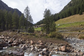 Ruetz river with Grawa-Alm on the Wilde Wasser Weg in autumn, WildeWasserweg, Stubai Valley, Tyrol,