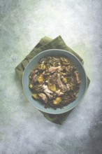 Chakapuli, Georgian dish, stewed meat with herbs and tkemali, in white wine, homemade, no people