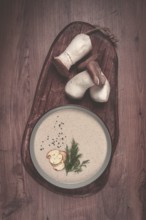 Mushroom cream soup, with dill and bruschetta, mushroom eringi