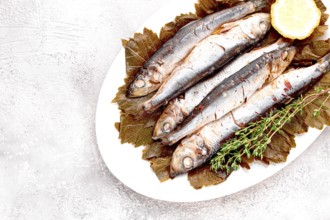 Baked fish, in grape leaves, with spices, on a white plate, homemade