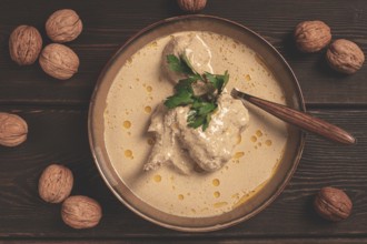 Satsivi, Georgian dish, chicken in nut sauce, cold appetizer, rustic, no people, homemade
