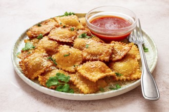 Fried ravioli with parmesan cheese, served with red sauce and garnished with herbs, on a light