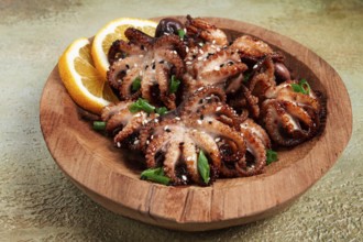 Grilled baby octopus with green onions, lemon slices, on a wooden plate, homemade, no people