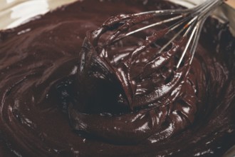 A bowl of chocolate dough, a whisk for whipping, baking, structure and consistency, homemade, top