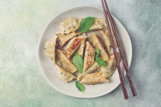 Japanese fried dumplings, gyoza, sesame seeds, top view, no people