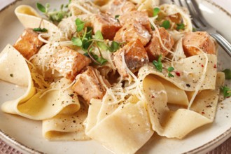 Tagliatelli pasta, with salmon slices and herbs, on a decorative plate, homemade, no people