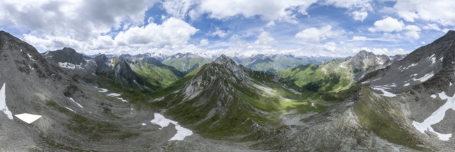 360° alpine panorama, aerial view, Lasörling summit, Lasörling Group, Hohe Tauern, East Tyrol,
