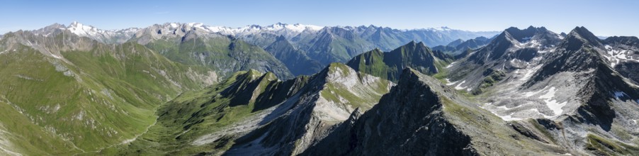 360° alpine panorama, aerial view with summit of Grossvenediger, Venediger Group and Lasörling