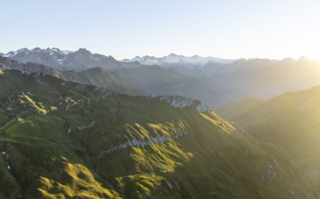 Sunrise, alpine panorama, aerial view with summit of Großvenediger, Venediger Group and Lasörling