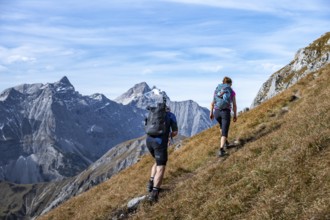 Two hikers on hiking trail, hiking to Gamsjoch, eastern Karwendel, Tyrol, Austria