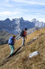 Two hikers on hiking trail, hiking to Gamsjoch, eastern Karwendel, Tyrol, Austria