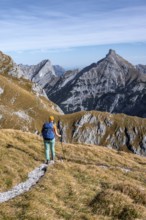 Female hiker on hiking trail, hiking to Gamsjoch, eastern Karwendel, Tyrol, Austria