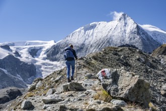 Female hiker hiking on a rocky path towards snow-covered mountain peaks under clear skies, Mont