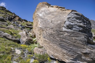 Large rock in the foreground shows fascinating rock structures under a blue sky, Valais Alps,