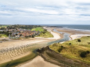Alnmouth and River Aln Estuary from drone, Alnwick, Northumberland, England, United Kingdom