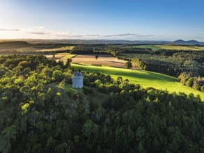 Fatlips Castle from a drone, Minto Crags, River Teviot, Roxburghshire, Scottish Borders, Scotland,