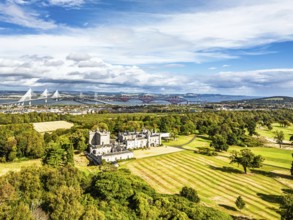 Dundas Castle over South Queensferry from a drone, Edinburgh, Scotland, UK