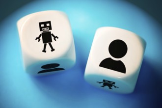 Two dice with human and AI symbols, photo montage
