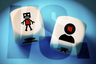 Two dice with human and AI symbols and the inscriptions AI artificial intelligence and HI human