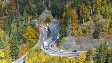 Kreuzfelsenkurve, Bundesstraße 31. The most spectacular curve in the Black Forest in autumn. Drone