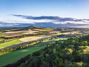Fields and Farms over River Teviot and Minto Crags from a drone, Roxburghshire, Scottish Borders,
