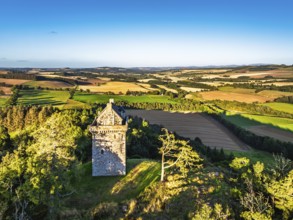 Fatlips Castle from a drone, Minto Crags, River Teviot, Roxburghshire, Scottish Borders, Scotland,