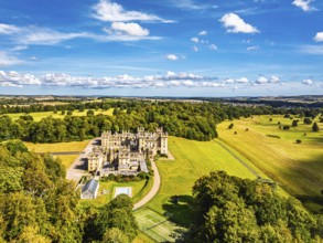 Floors Castle and garden from a drone, Duke of Roxburghe, Roxburghshire, Scotland, UK