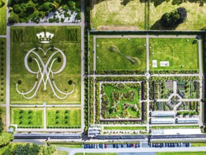 Top Down view over Gardens of Floors Castle from a drone, Duke of Roxburghe, Roxburghshire,