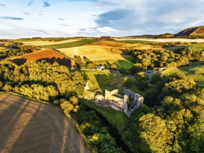 Ruins of Hailes Castle over River Tyne from a drone, East Linton, East Lothian, Scotland, UK