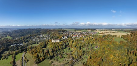 Aerial view, panorama of Heiligenberg Castle, a Renaissance-style palace complex, Tübingen