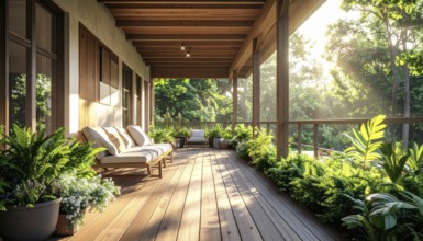 An eco-friendly porch designed for sustainable living in an environmentally-conscious home, lush
