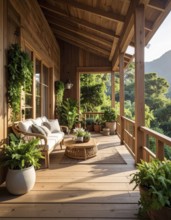 An eco-friendly porch designed for sustainable living in an environmentally-conscious home, lush