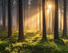Sunlight streaming through a dense, misty forest, Fog covered forest in summer with mystic golden