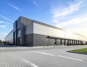 Modern supermarket building exterior against blue sky, Inviting white facade, some clouds, concept