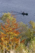 Fishing boat, Biggesee bei Sondern, Olpe, Sauerland, North Rhine-Westphalia, Germany