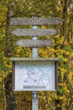 Road sign, map, autumn forest, Neuenkleusheim, Olpe, Sauerland, North Rhine-Westphalia, Germany