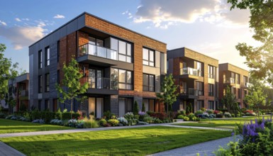 Modern apartment building with balconies and well-kept landscaping at sunset, Modern multifamily