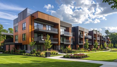 Modern apartment building with balconies and well-kept landscaping at sunset, Modern multifamily