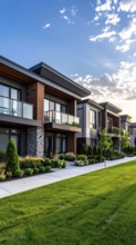Modern apartment building with balconies and well-kept landscaping at sunset, Modern multifamily