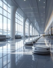 Autonomous cleaning roboter at modern airport terminal, showcasing advanced technology, daylight in