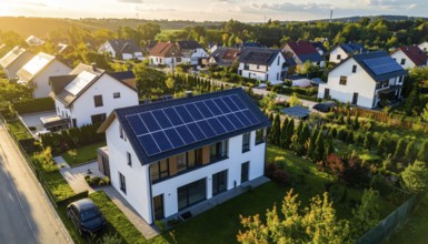 Aerial view showcases modern houses with solar panels and green roofs in a suburban setting,
