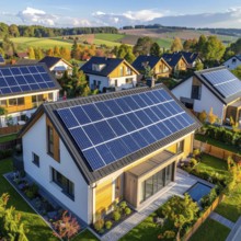 Aerial view showcases modern houses with solar panels and green roofs in a suburban setting,