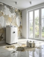 A specialized dehumidifier operates in a mold-infested room following water damage, Shell