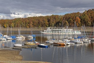 Marina, excursion ship, Sondern, Olpe, Biggesee, Sauerland, North Rhine-Westphalia, Germany