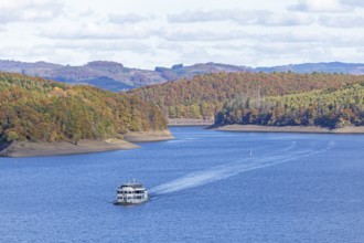Excursion boat, Biggesee near Sondern, Olpe, Sauerland, North Rhine-Westphalia, Germany
