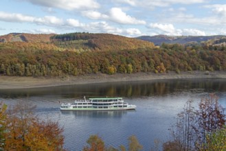 Excursion boat, Biggesee near Sondern, Olpe, Sauerland, North Rhine-Westphalia, Germany