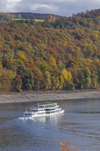 Excursion boat, Biggesee near Sondern, Olpe, Sauerland, North Rhine-Westphalia, Germany