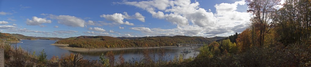 Panoramic picture, Biggesee near Sondern, Olpe, Sauerland, North Rhine-Westphalia, Germany